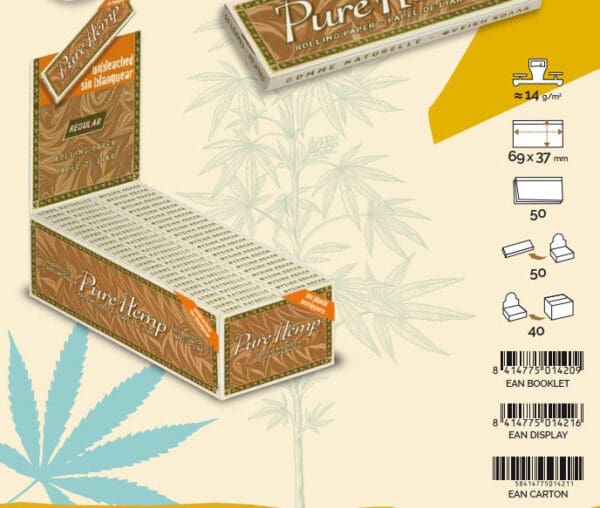 ROLLING PAPERS PURE HEMP UNBLEACHED REGULAR SMALL SIZE 50 THIN LEAVES PER PACK FULL BOX 50 PACKS - Image 4